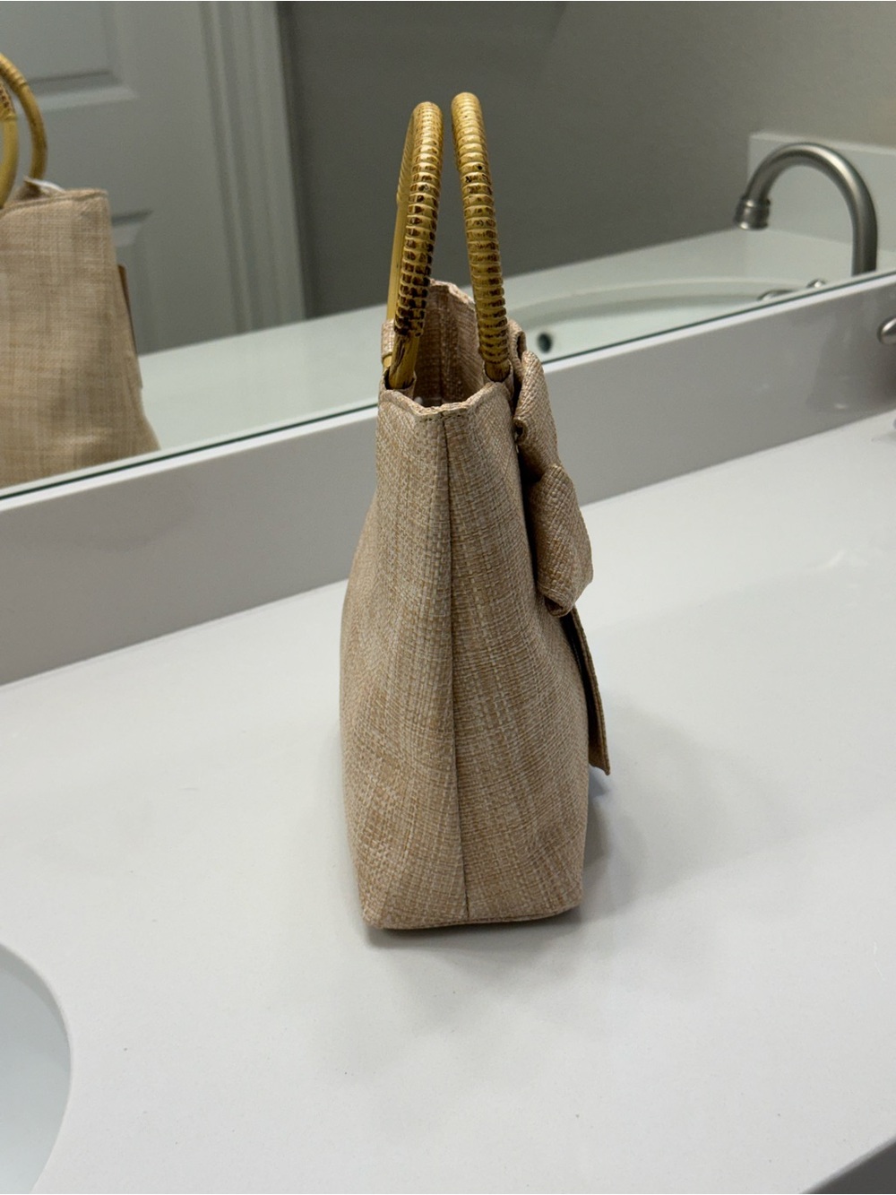 Tommy Bahama Beige Mini Tote with Bow and Bamboo Handles - Picture 7 of 12
